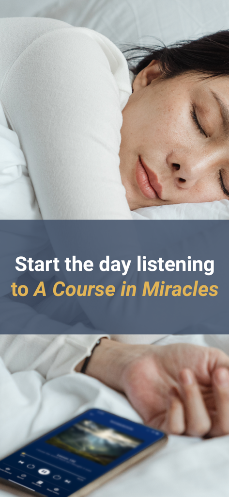 A Course in Miracles Audio - A woman sleeping next to her phone which displays the A Course in Miracles Audio app for a peaceful morning routine