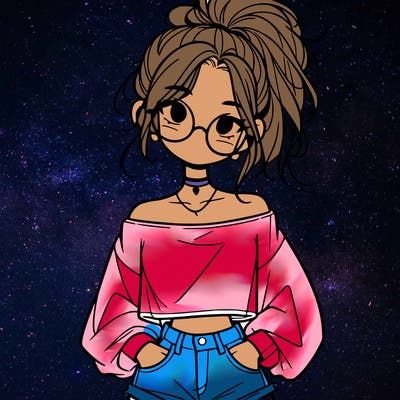 girl with a messy ponytail glasses a baggy crop top and jean shorts