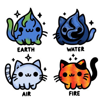 4 cats that represent the different elements, earth, water, air, and fire