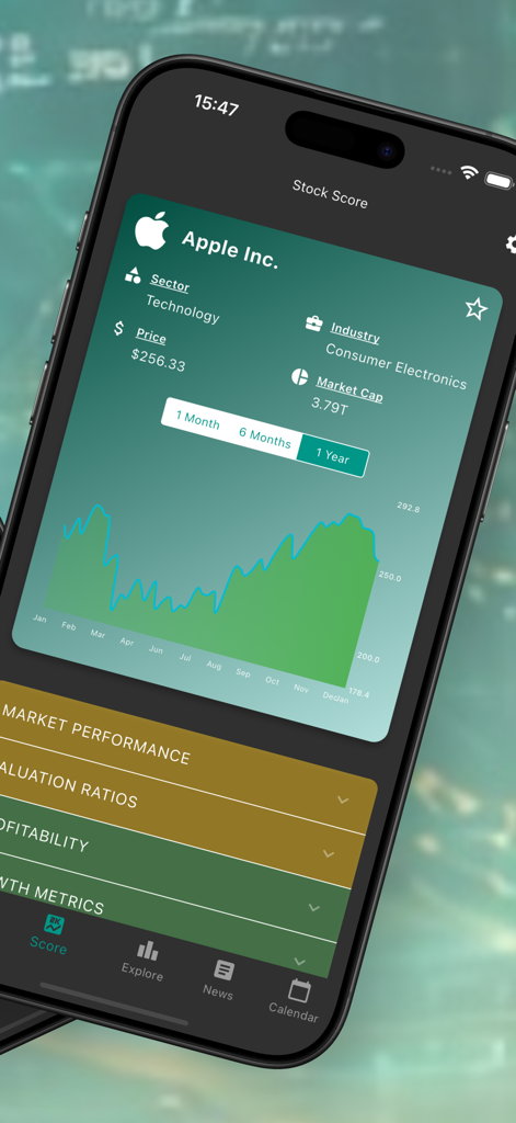 Stock Score - Interfaz de la aplicación móvil Stock Score que muestra el gráfico de precios de las acciones de Apple Inc y datos fundamentales