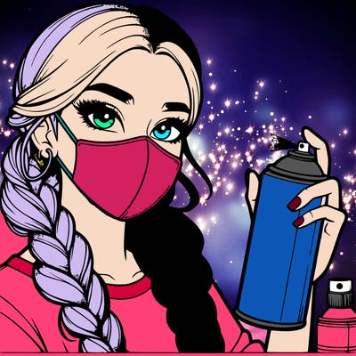 realistic beautiful girl spray painting with a mask