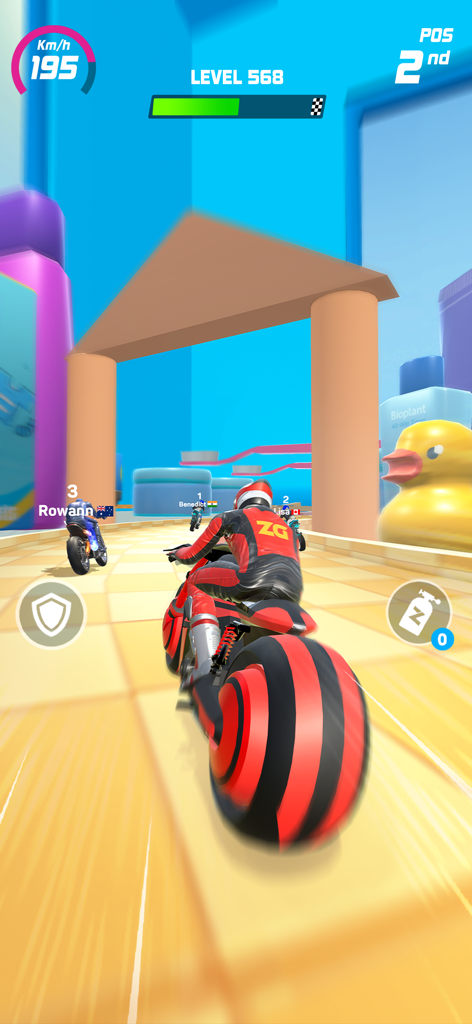 Moto Race: Racing Game - Moto rouge futuriste courant à travers un niveau 3D coloré dans le jeu Moto Race