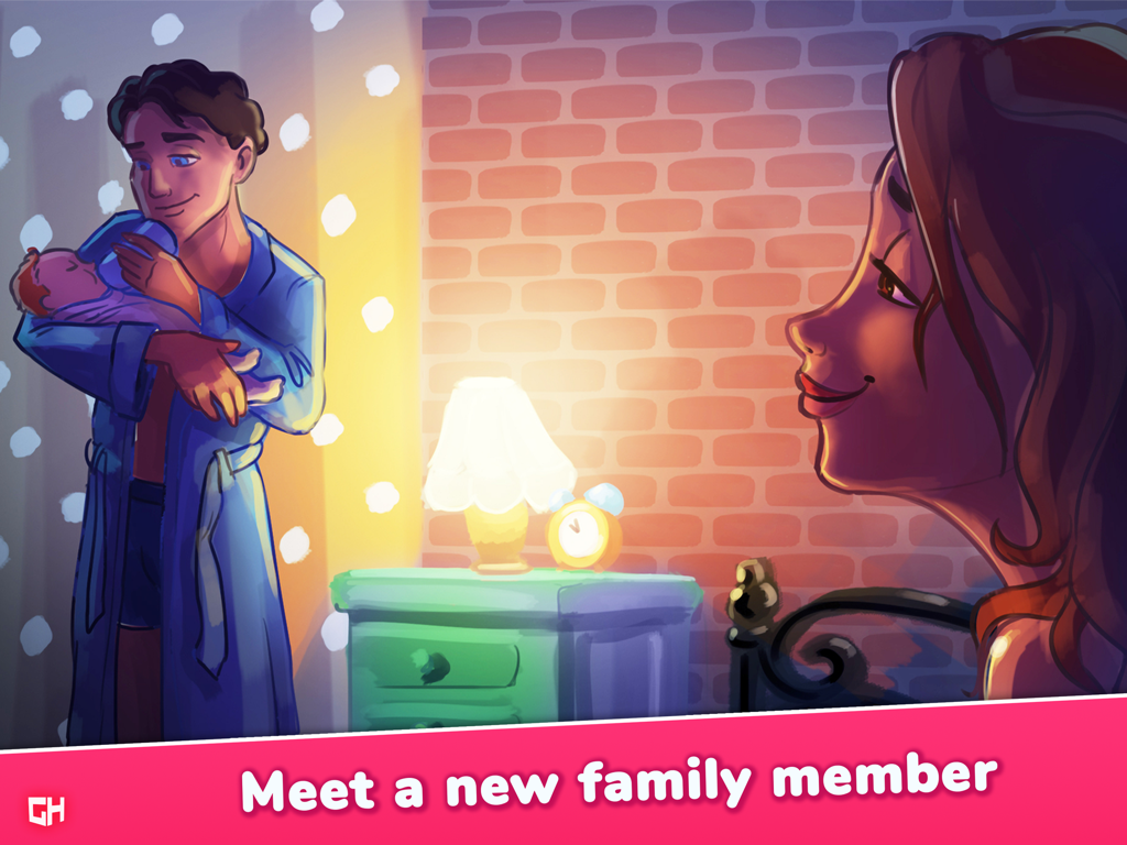 Patrick sosteniendo a un bebé y un biberón mientras Emily lo mira desde la cama en una acogedora escena de dormitorio