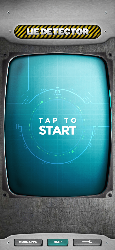 The start screen of the Lie Detector Truth Test app featuring a metallic interface and a tap to start button.