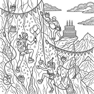 Get ready for an epic birthday celebration high above the ground with this exhilarating climbing coloring page. Discover a unique fusion of mountain adventure and festive fun, perfect for all ages.