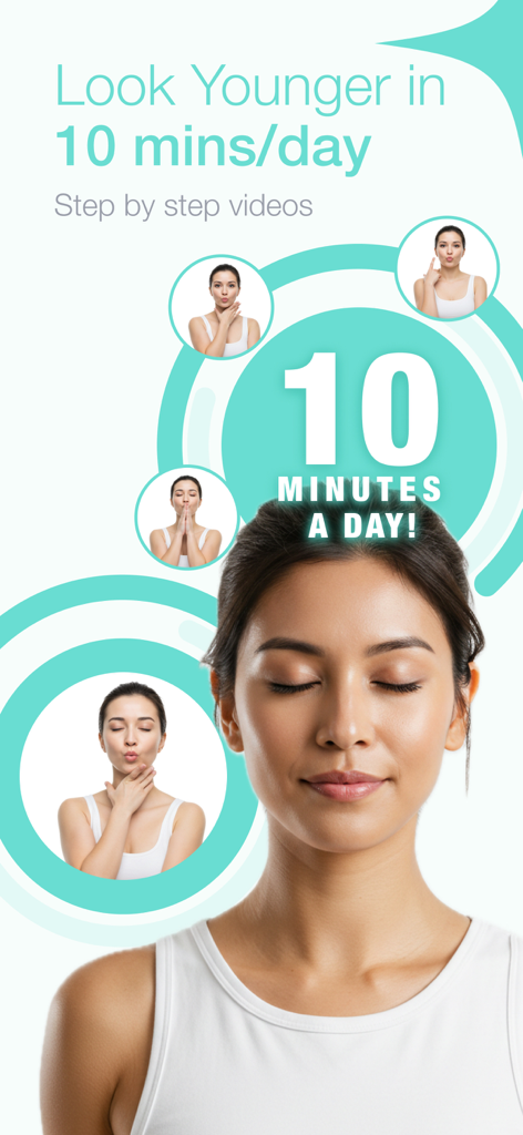Face Yoga - Face Exercises - Face yoga app screen showing step by step facial exercises for younger looking skin