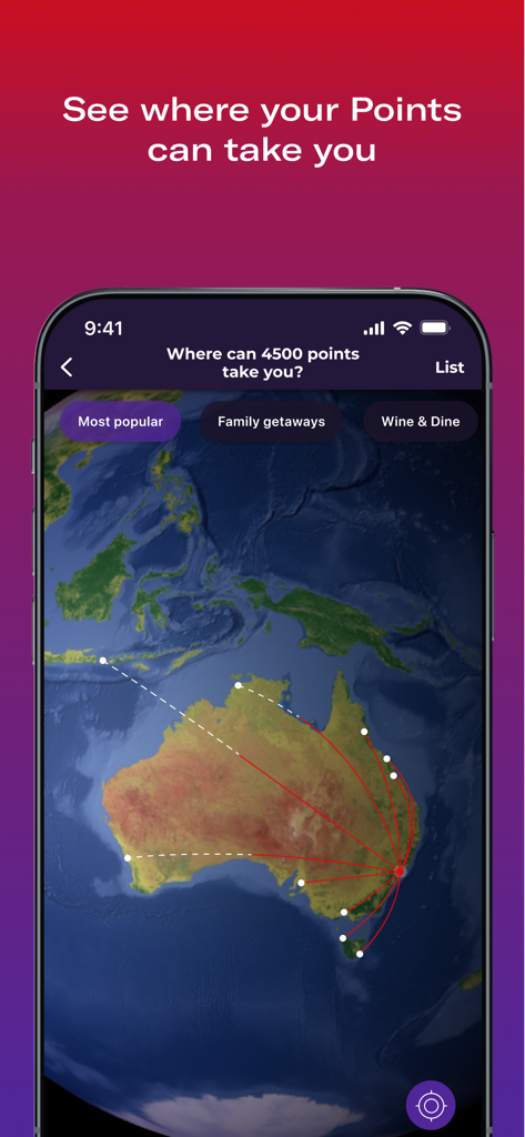 Pantalla de la aplicación Velocity Frequent Flyer que muestra un mapa de Australia con rutas de vuelo disponibles para puntos de recompensa.