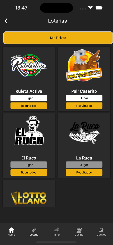 Interfaz de la aplicación móvil que muestra una selección de juegos de lotería, incluyendo Ruleta Activa y Pal Caserito.