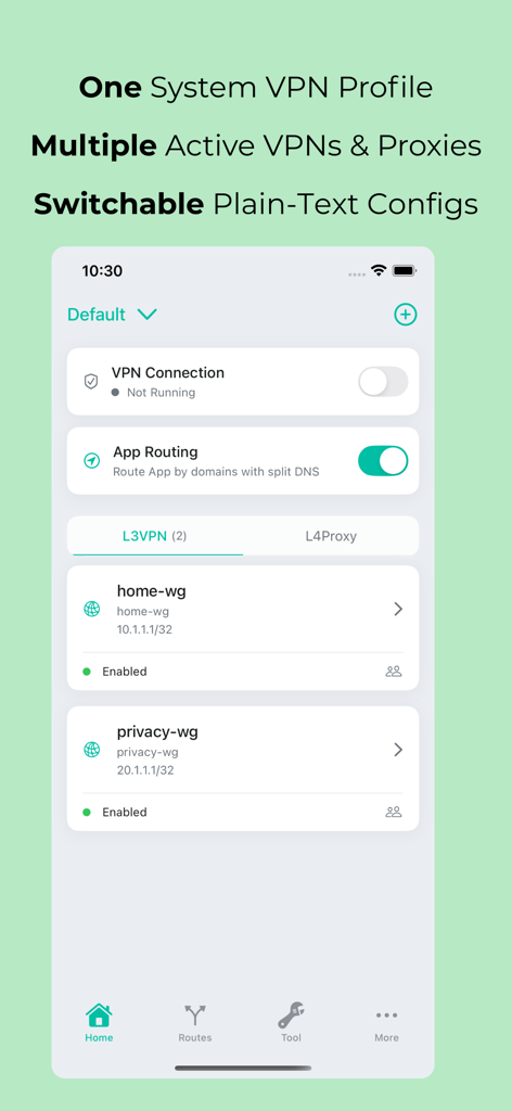 MintFlow NetStack - MintFlow NetStack home screen showing VPN connection and app routing management.