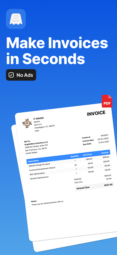Simple Invoice Bill Maker - A professional invoice generated by the Simple Invoice Bill Maker app showing service items and total amount