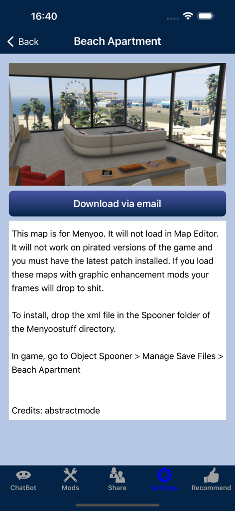 GTA5 Mods app screen showing Beach Apartment mod preview and installation guide