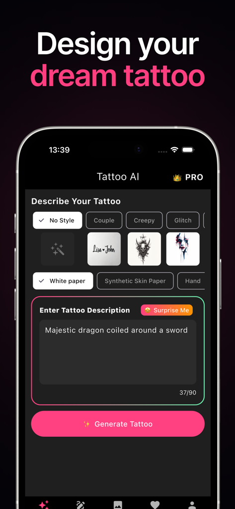 Tattoo-KI-App-Oberfläche, die eine Texteingabe für ein Drachen-Tattoo-Design und den Generieren-Button zeigt
