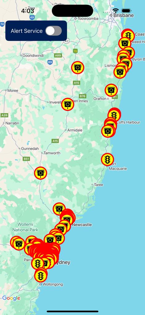 Speed Camera Detector - Un mapa que muestra las ubicaciones de radares de velocidad y de semáforo con un interruptor de servicio de alertas.