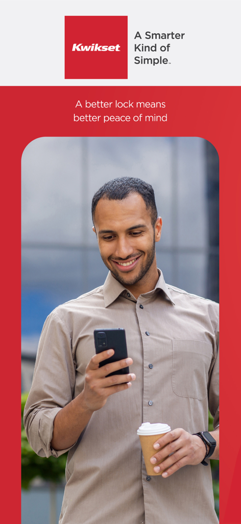 Kwikset - A smiling man using the Kwikset app on his smartphone while holding a coffee cup