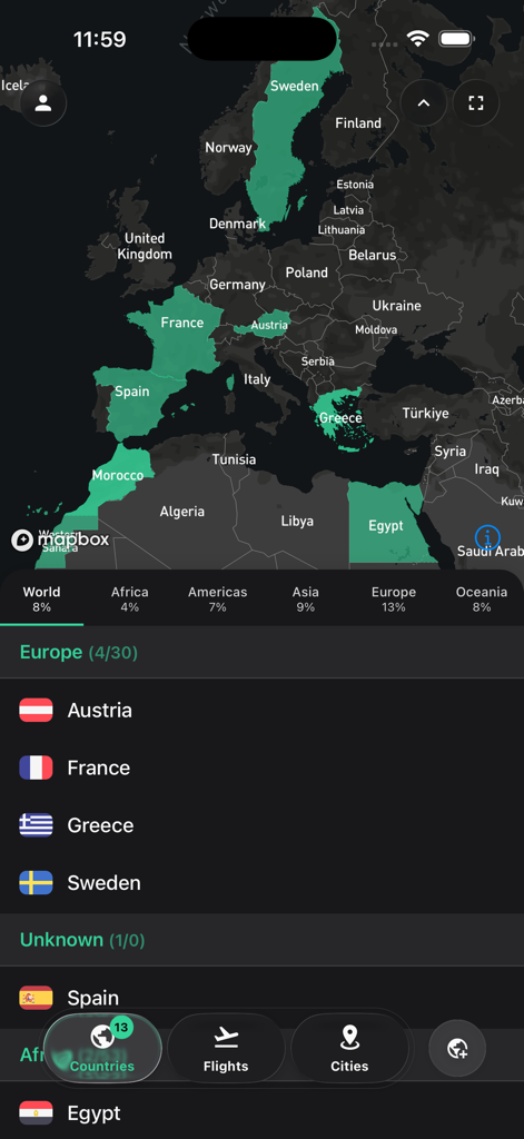 Mapped Out - Travel map - ヨーロッパの訪問済み国を示すインタラクティブな旅行マップインターフェース。リストと統計も表示されます。