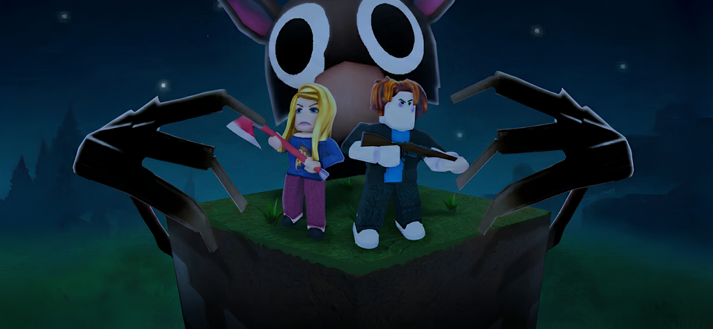 Dos personajes de Roblox con un hacha y un rifle defendiéndose de un monstruo del bosque por la noche.