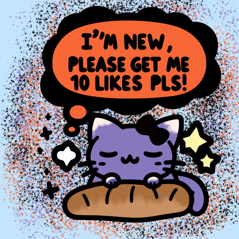 kitty taking a nap dream talking and saying "i'm new, please get me at least 10 likes pls!!"