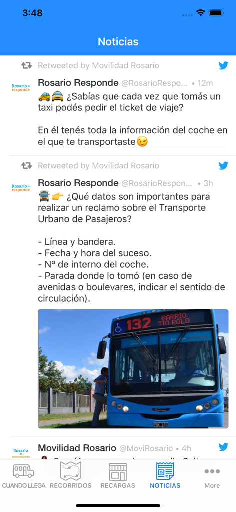 News feed section in the MOVI Rosario app showing public transit updates and a city bus
