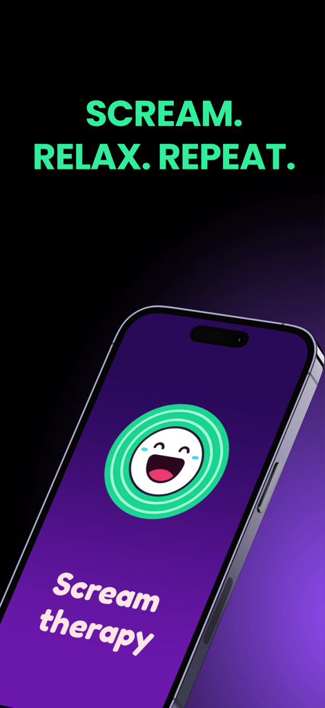 Scream Therapy - A smartphone showing the Scream Therapy app splash screen with the slogan Scream Relax Repeat