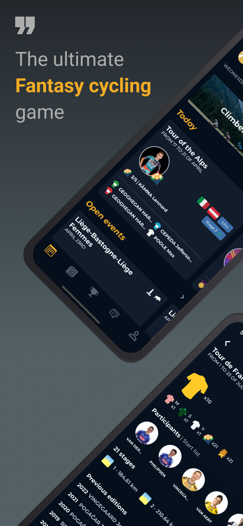 Two mobile screens showing the Cycling Fantasy app with race events and rider start lists