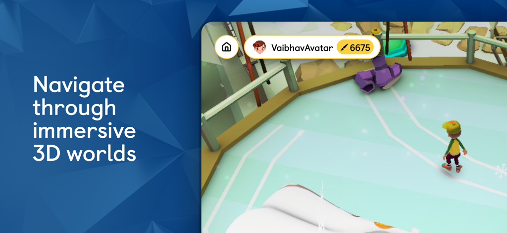 Screenshot of the Navio educational app showing a student avatar exploring an immersive 3D ice world with earned points displayed