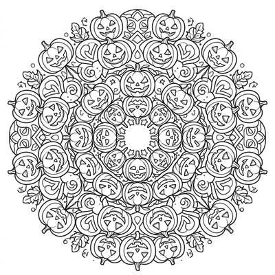 Unleash your creativity with this captivating Jack-o'-lantern Mandala coloring page. Its symmetrical design features dozens of intricately carved pumpkins, offering a unique and engaging Halloween coloring experience.