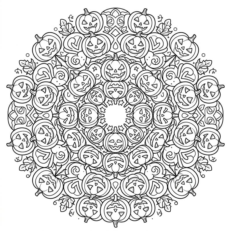 Unleash your creativity with this captivating Jack-o'-lantern Mandala coloring page. Its symmetrical design features dozens of intricately carved pumpkins, offering a unique and engaging Halloween coloring experience.