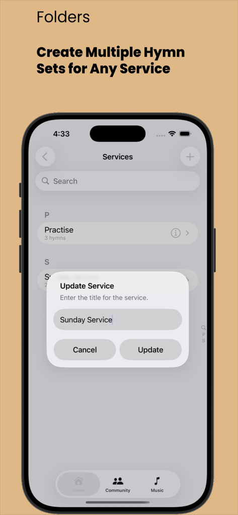 CSHymns - Smartphone screen showing the creation of a custom hymn folder for a Sunday service in the CSHymns app