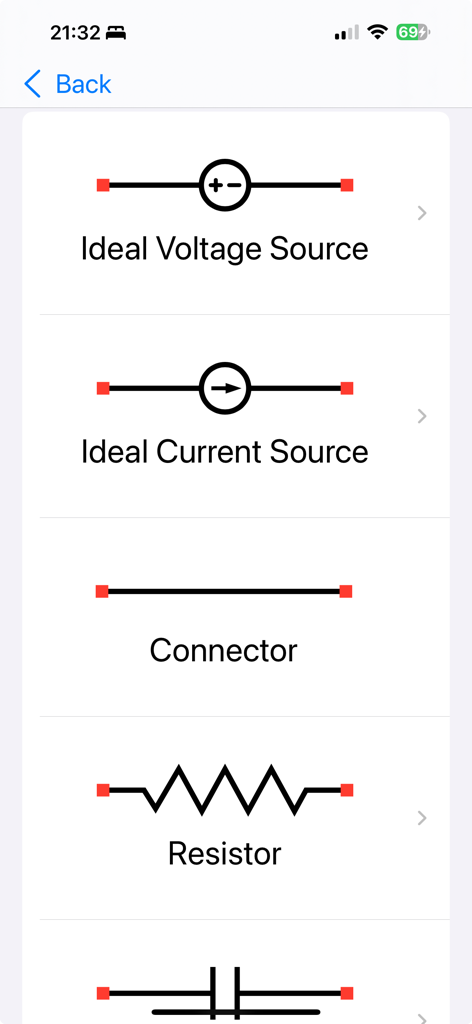 Eine Liste elektrischer Komponenten in der Circuit Calculator App, einschließlich idealer Spannungsquelle und Widerstand