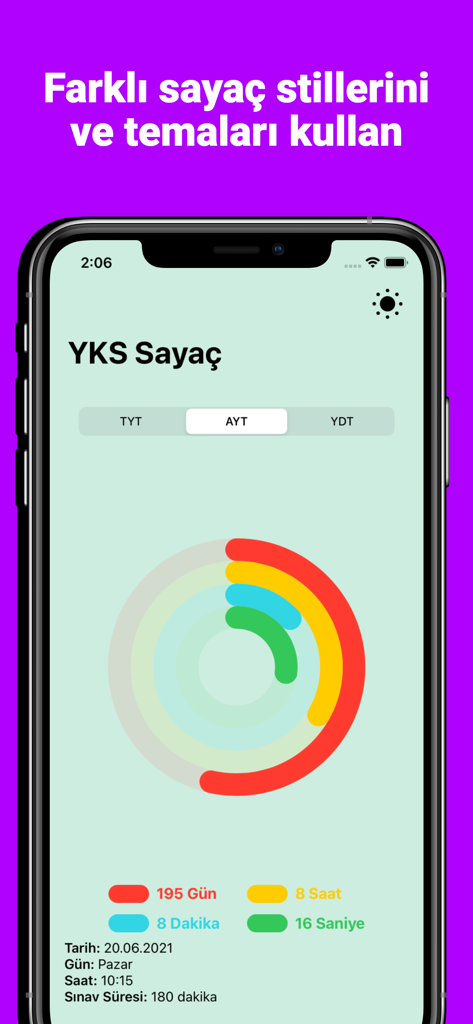 YKS Sayaç ve Widget - YKS Sayac app interface displaying a countdown to the AYT exam with a progress ring