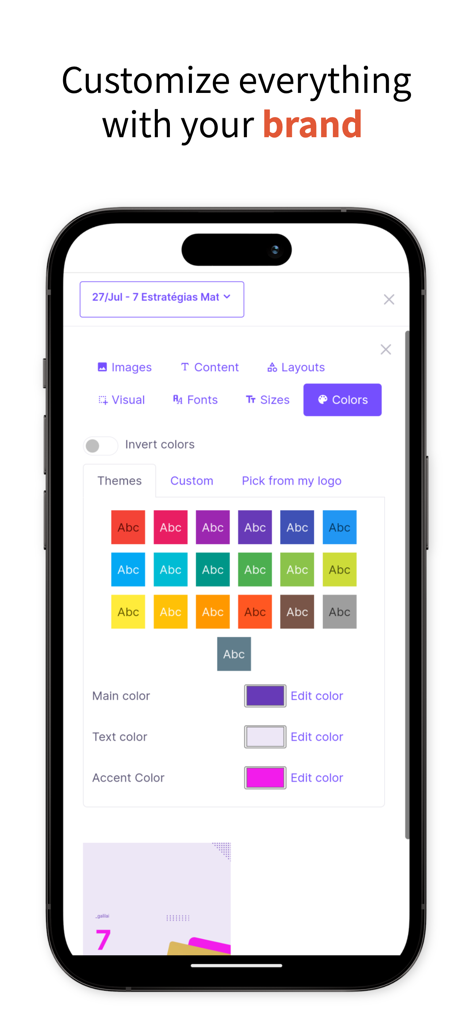Mobile screen showing color palette and branding customization options in GalilAI app.