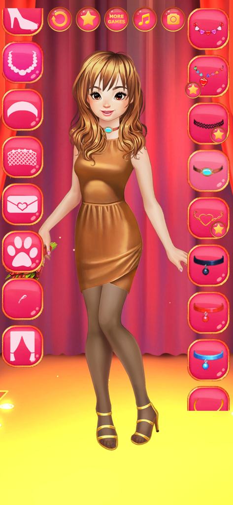 Love Fashion Dress Up Games - A digital doll character in a stylish gold dress and heels with a selection of necklace accessories on a red stage background.