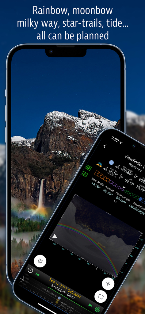 Planit Pro app interface showing a 3D simulation and viewfinder for planning a rainbow photo over Yosemite mountains.