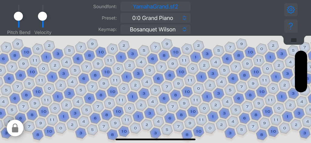 Hexagonal isomorphic keyboard interface with pitch and velocity controls