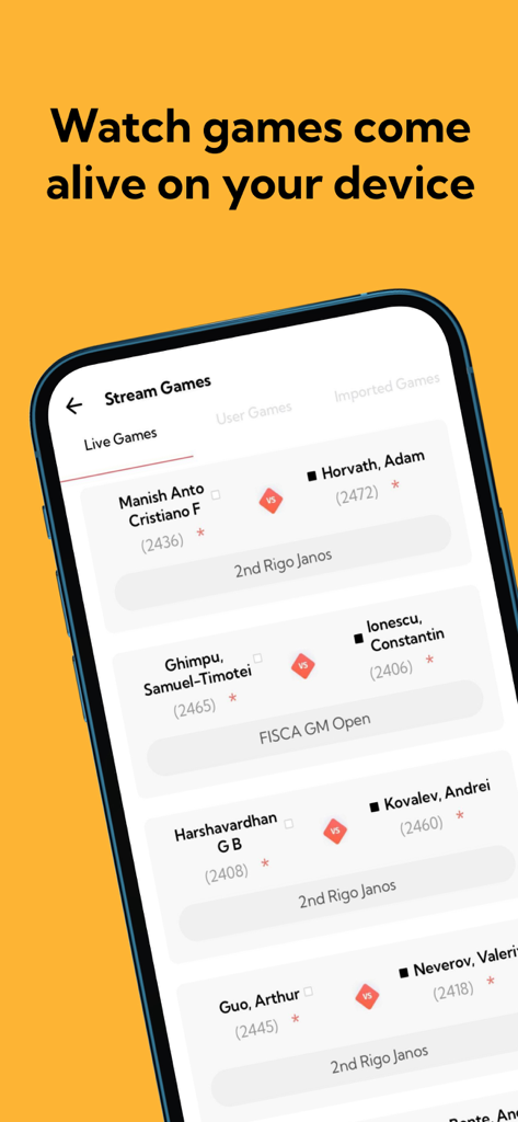 Una pantalla de teléfono móvil mostrando una lista de partidas de ajedrez en vivo disponibles para transmitir en la aplicación Square Off.