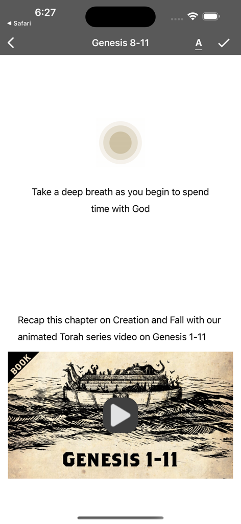 Interfaz de la aplicación Read Scripture con un resumen en video para Génesis 1 al 11 con una ilustración del Arca de Noé.