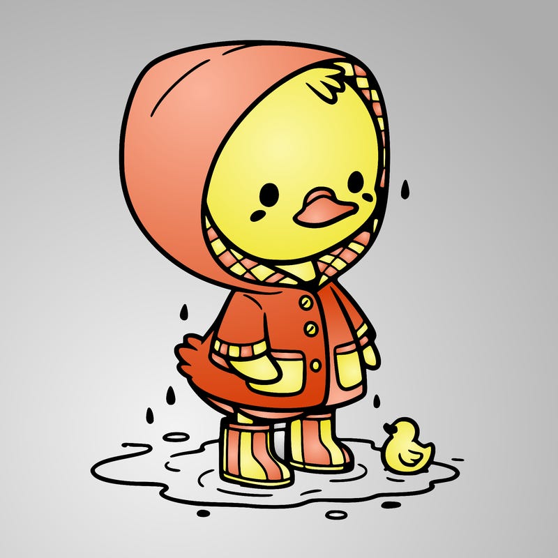 baby duck in a rain coat and boots, in a puddle while it’s raining