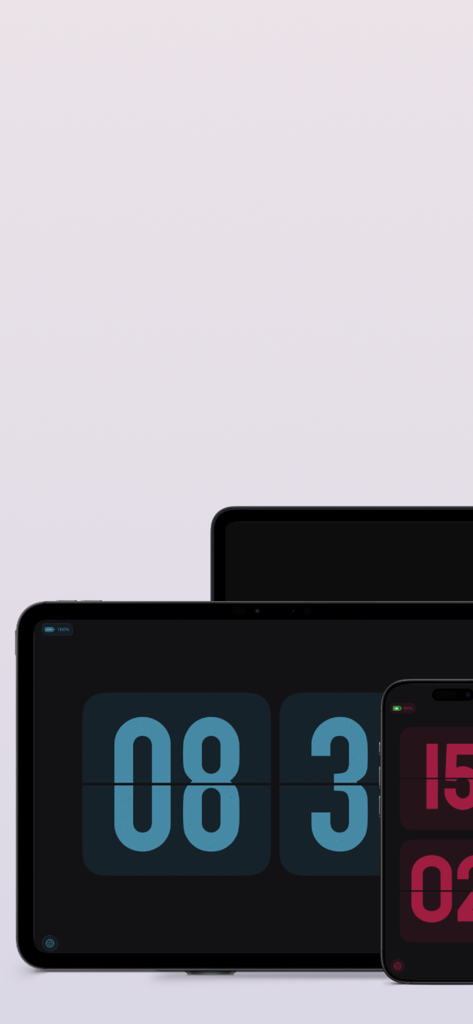 FlipKlok: FlipClock & Pomodoro - FlipKlok app on iPad and iPhone showing minimalist flip clock themes.