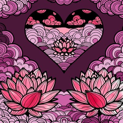 intricately detailed lotus flowers in the shape of a heart, heart petals, cloudy sky above, detailed cloud layer