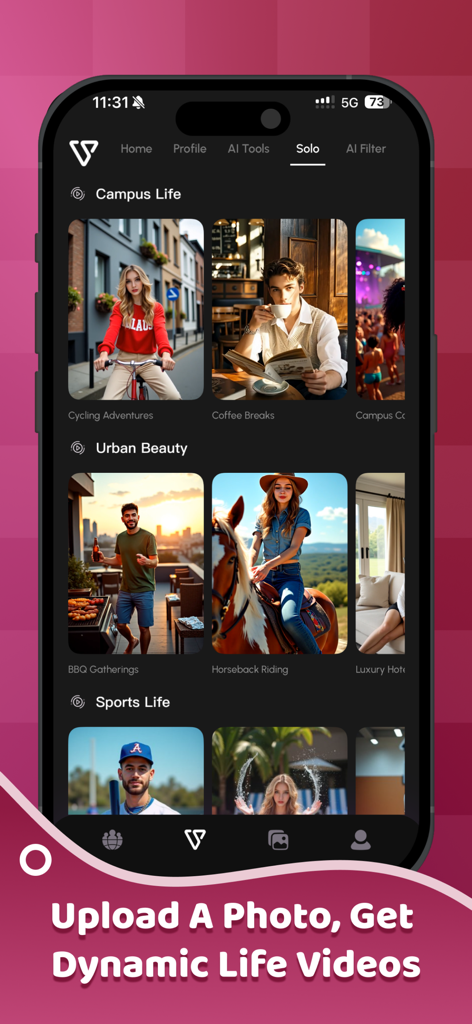 AI Vista - Mobile interface of AI Vista app showing lifestyle categories for creating dynamic life videos