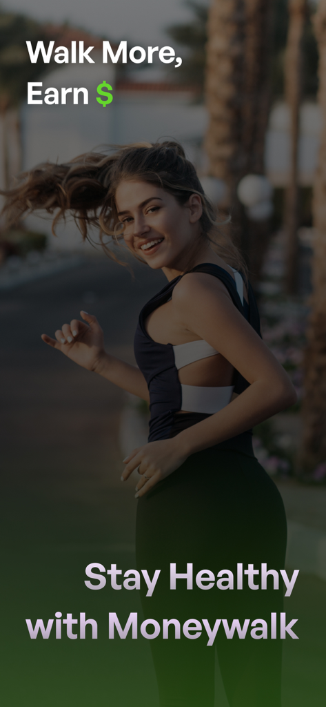 A woman jogging with promotional text for the Moneywalk app about earning rewards while walking