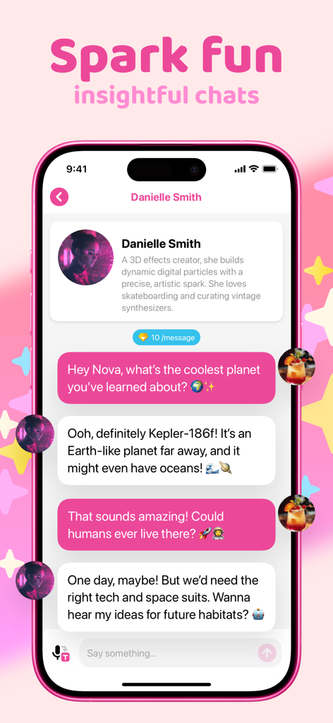 Slorp - Fast Talk & Chat - Slorp App-Bildschirm, der eine Chat-Konversation mit einer KI-Persönlichkeit namens Danielle Smith über die Weltraumforschung zeigt
