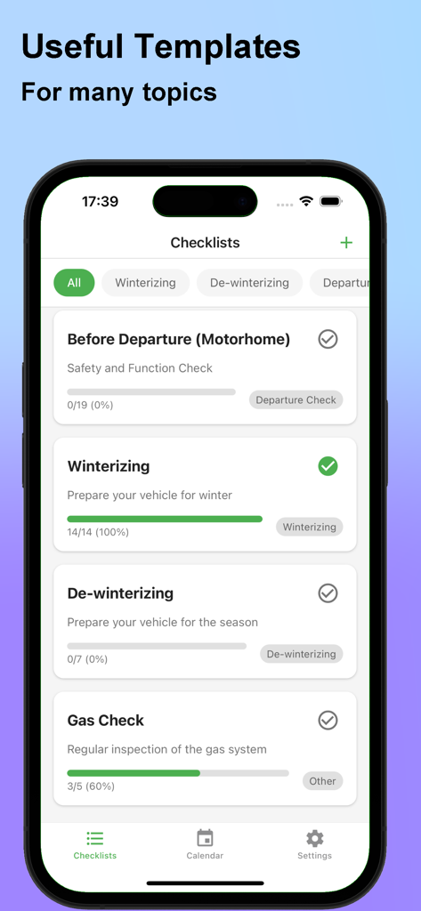 Camping Checker - Checklists - A list of camping checklist templates in the Camping Checker app for motorhome safety and maintenance