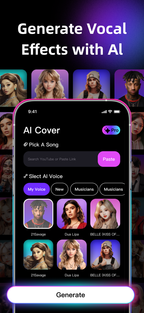 AI Remix: AI DJ&Song Generator - AI Remix app screen for creating AI vocal effects and song covers using celebrity voice options