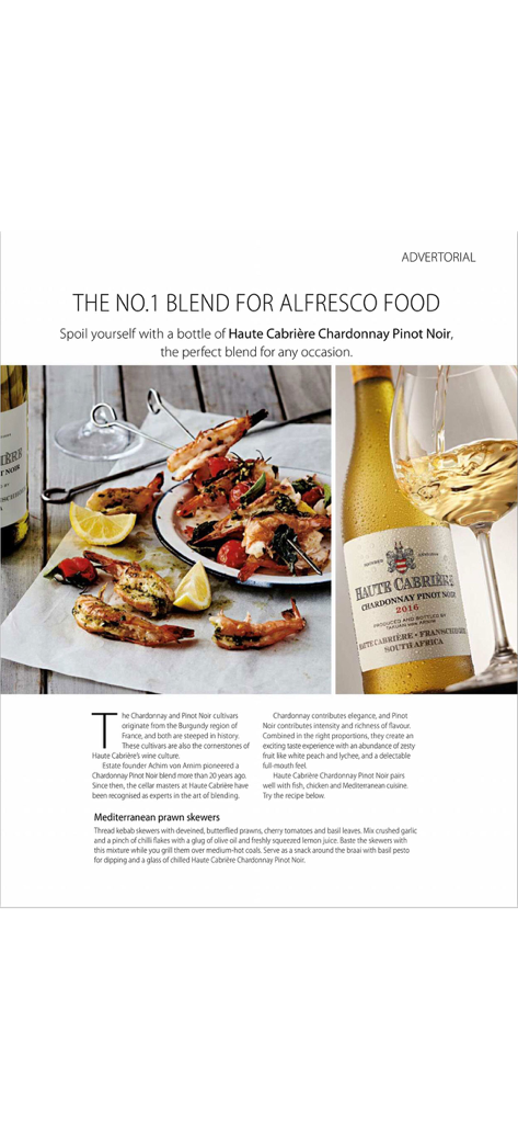 Go! Magazine article featuring a wine bottle and mediterranean prawn skewers recipe for alfresco dining.