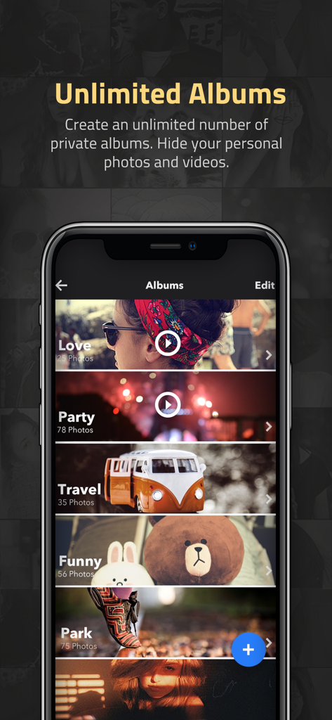 Love、Party、Travelなどのカテゴリ別プライベート写真フォルダを含む、無制限アルバム機能を備えたシークレット写真Vaultアプリのインターフェイス