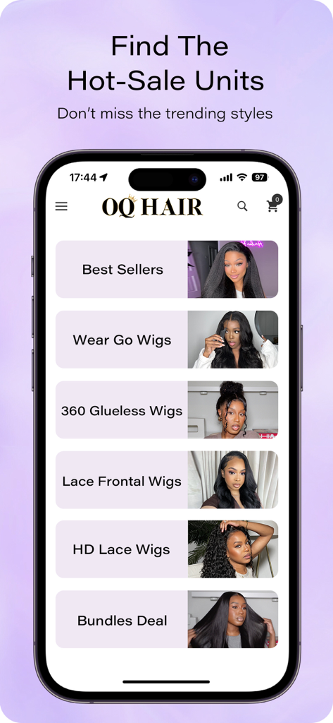 OQ Hair - App mobile OQ Hair che mostra le categorie di parrucche di tendenza, inclusi i più venduti e le parrucche glueless
