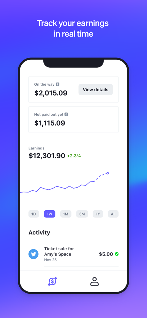 Stripe Express - Stripe Express mobile app dashboard showing real time earnings and income graph