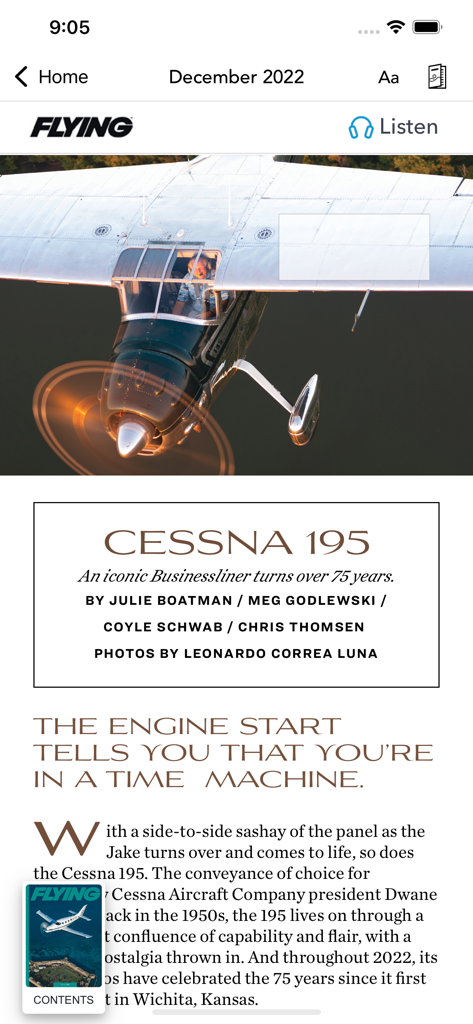 Captura de pantalla de la aplicación FLYING Magazine que muestra un artículo sobre el icónico avión Cessna 195