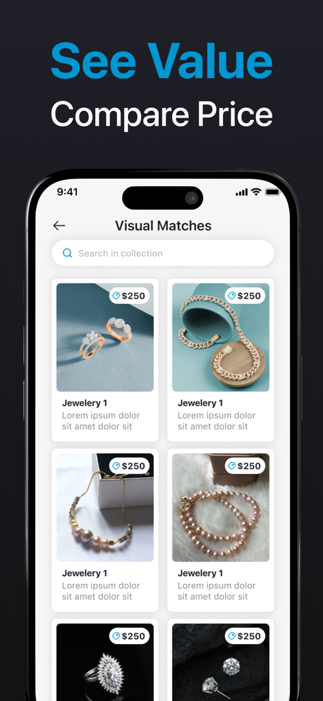 Jewelry Identifier - Captura de pantalla de la aplicación Identificador de Joyas mostrando coincidencias visuales y precios estimados para varias piezas de joyería.